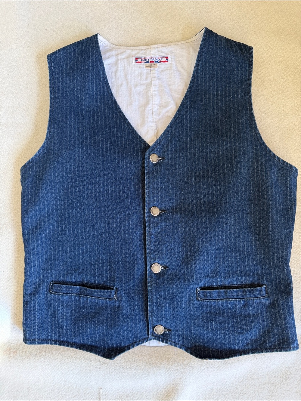 BRITTANIA Men's Navy Pinstripe Cotton Denim Vest Sz M EUC